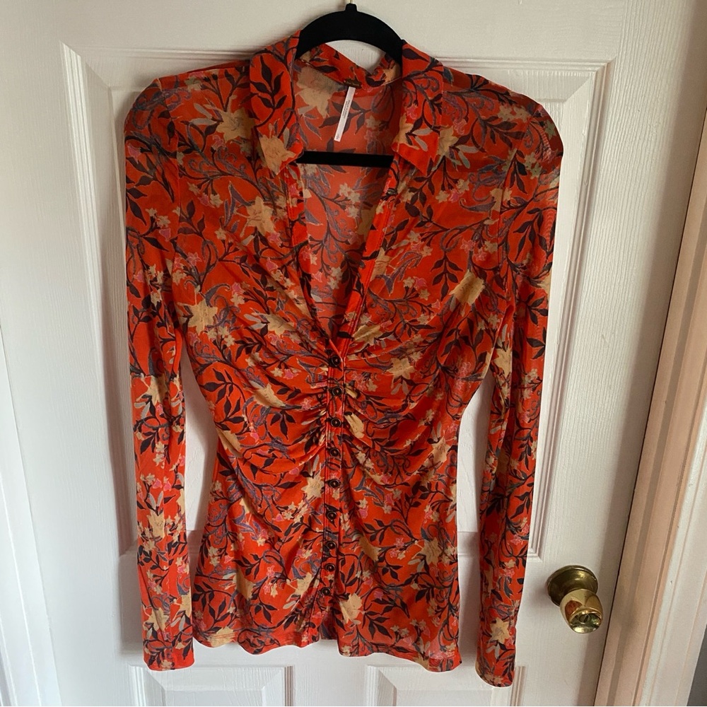 Free People Lucky Shirtee Sheer Orange Floral Mesh Ruched Button Down Shirt S